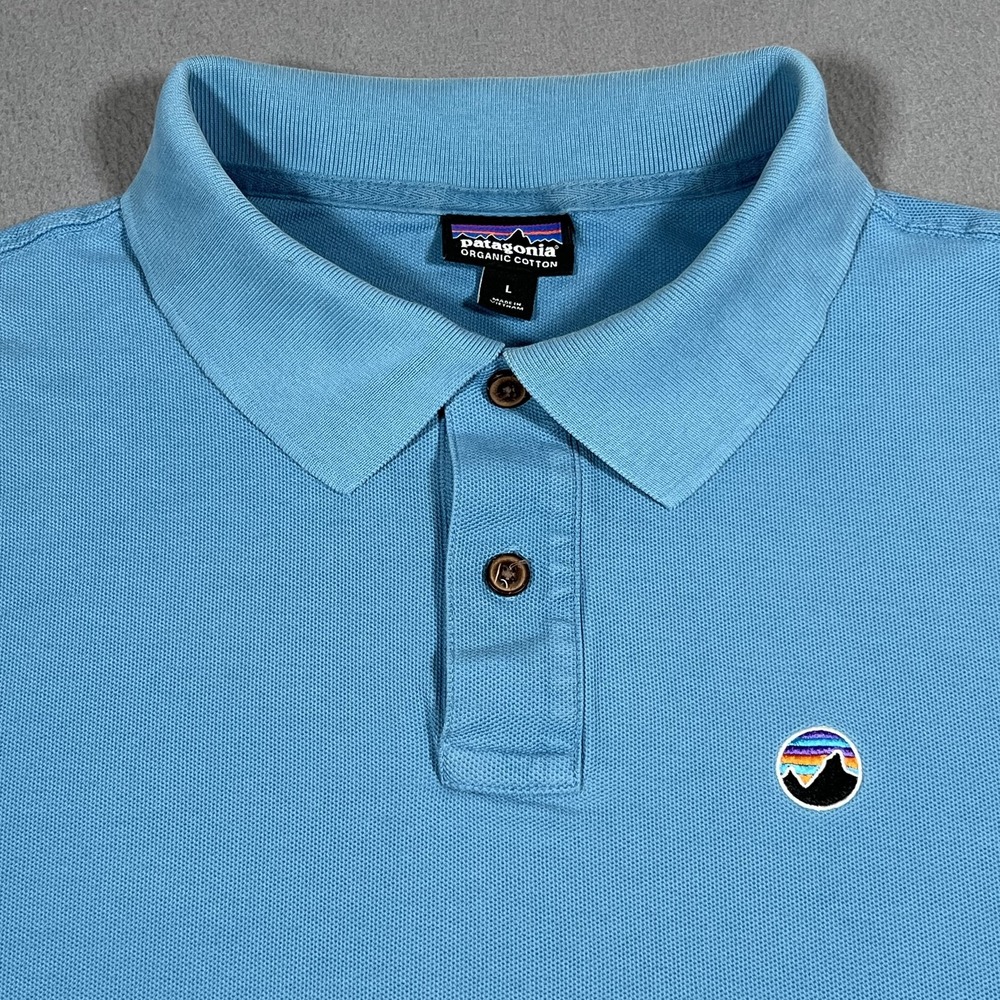 Patagonia M's Fitz Roy Emblem Polo Shirt Mens Large Blue Organic‎ Cotton